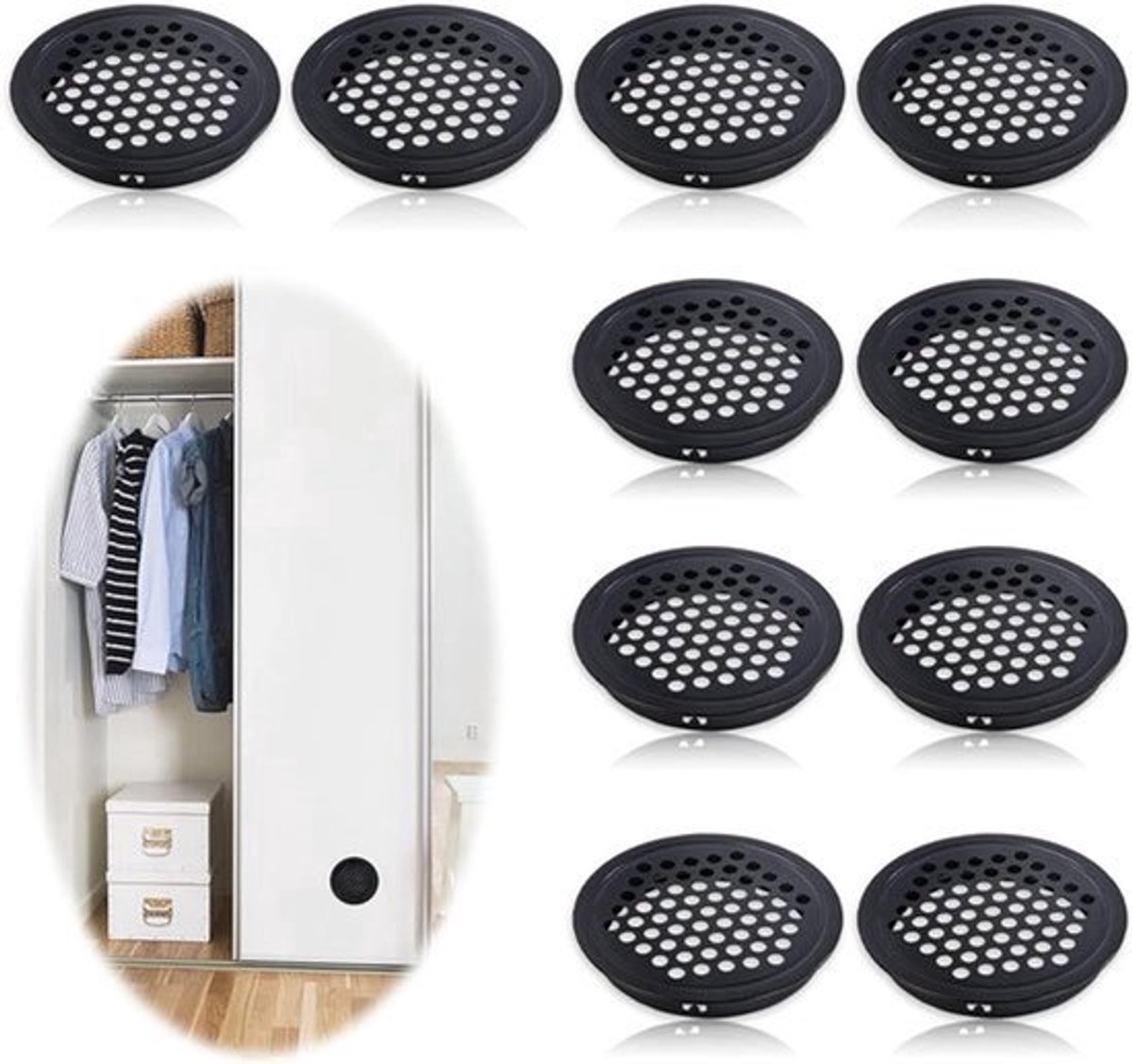 10 stuks zwart ventilatierooster 53 mm rond - Roestvrij stalen ventilatierooster voor kledingkasten, schoenenkasten, kasten en garage