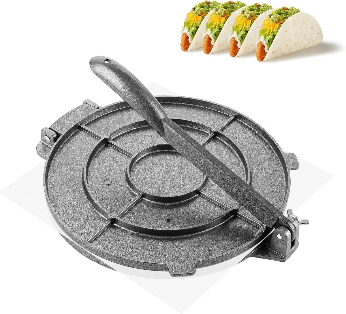 Tortillapers 25 cm van robuust gietijzer, ideaal voor het maken van verse tortilla's, taco's en wraps, deegmachine voor meeltortilla's