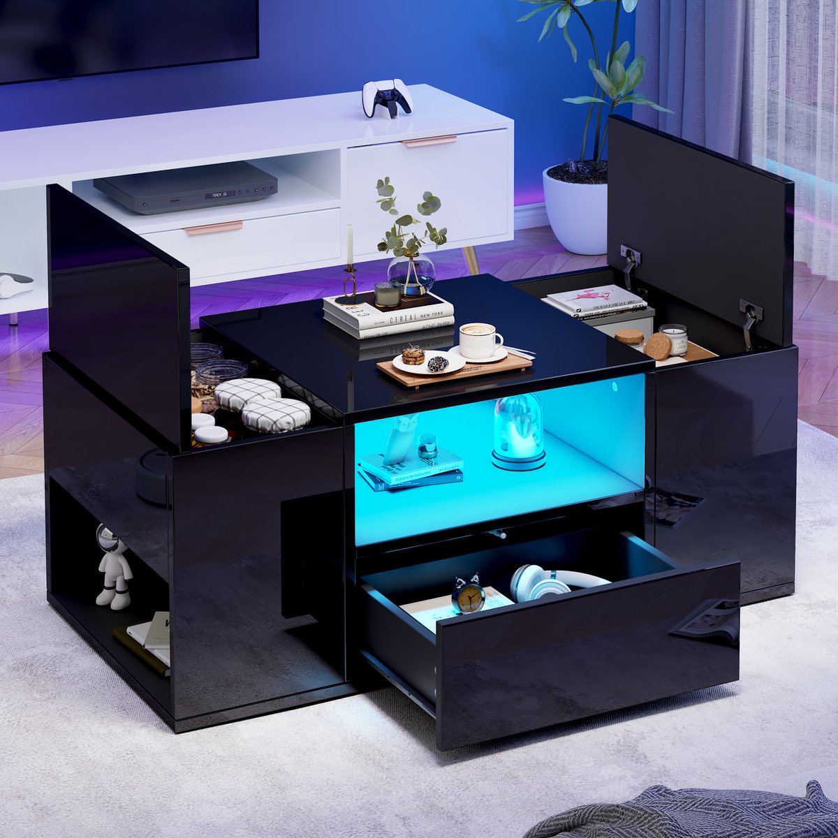 FloraGrace Salontafel - Hoogglans Met LED-Verlichting En Lade - Met Opbergruimte Voor Woonkamer - Spaanplaat - 100 X 50 X 40 Cm - Zwart