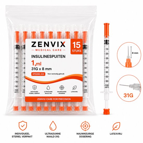 Verpakking met 15 Zenvix 1ml insulinespuiten met 31G x 8mm naald, individueel verpakt, ultradun.