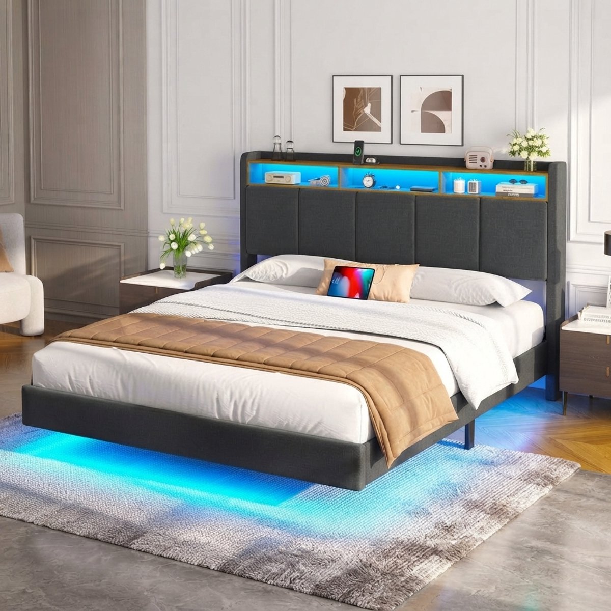 Luxe Gestoffeerd Zwevend bed 180x200 - 180x200 cm - Grijs - Novihome