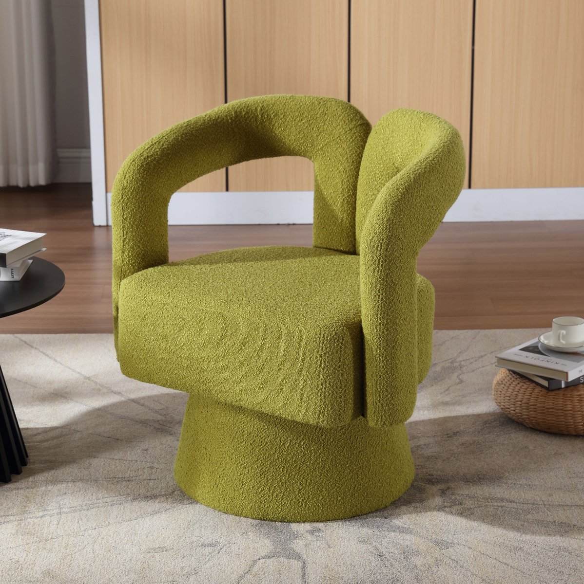 FloraGrace Fauteuil - 67 x 55 x 74 cm - 360 Graden Draaibaar Met Brede Polstering - Voor Woonkamer Of Slaapkamer - Bouclé Stof - Olijfgroen