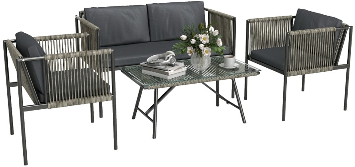 Clruro Loungeset - 4-delig - Rattanlook met Kussens - Staal en Glas - Grijs
