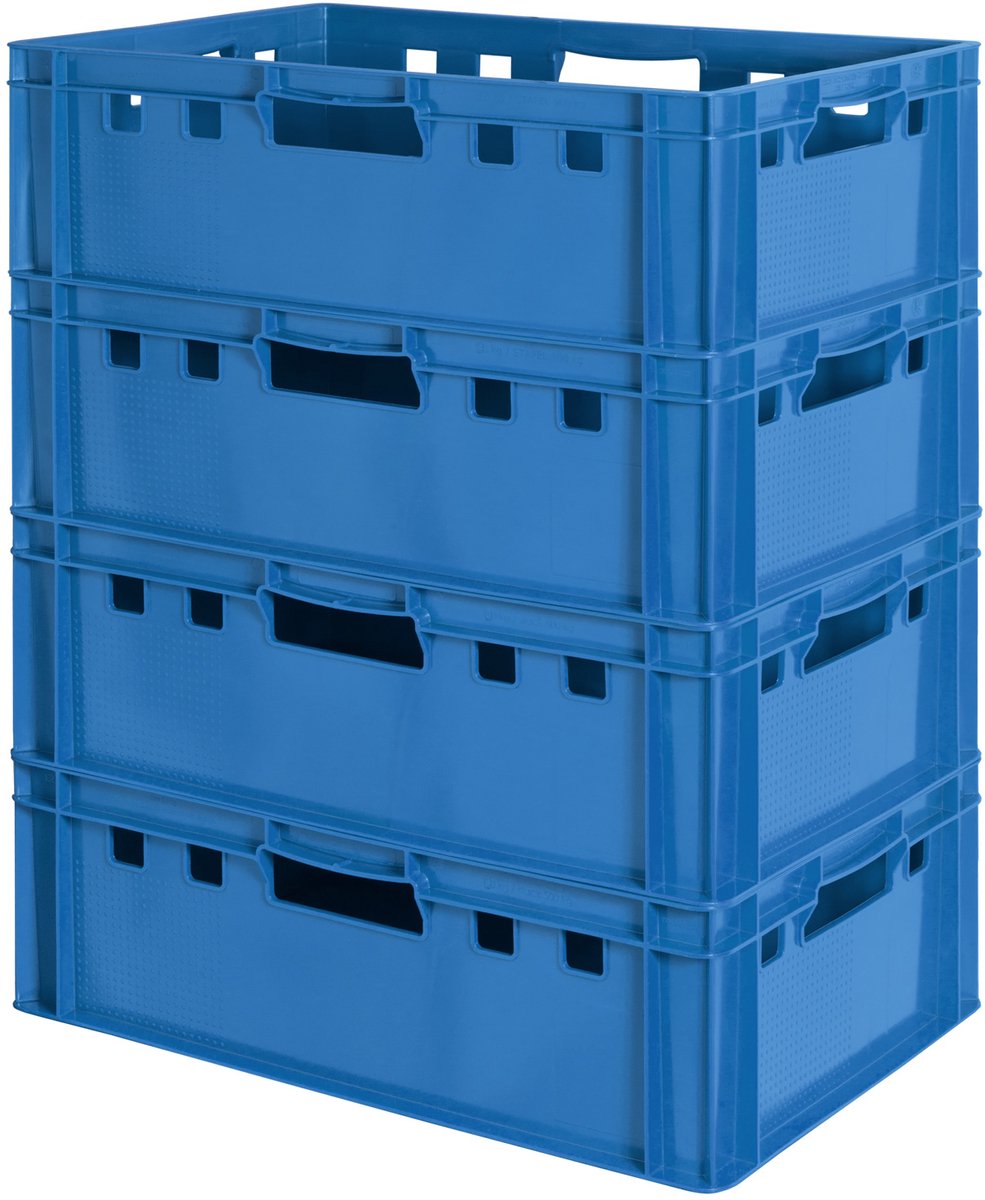 4 E2 vleeskratten, voedselveilige Euroboxen, slagerskratten, opbergdozen, plastic trays, stapelbare opbergkratten, 60 x 40 cm, blauw, Kingpower