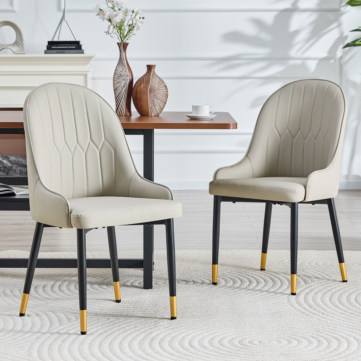 OKWISH Eetkamerstoel – Bliksemdesign Rugleuning – Set Van 2 – Kunstleer En Metaal – Design – Warmgrijs En Zwart – Voor Keuken En Eethoek