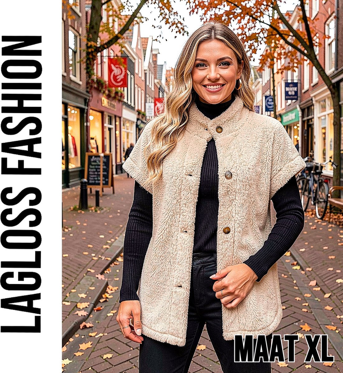LaGloss® Elegante Teddybeer Vest – Korte Mouwen Blazer met Enkele Knoopsluiting – Khaki H-Lijn Silhouet – Herfst/Winter Casual Buitenkleding – Maat XL