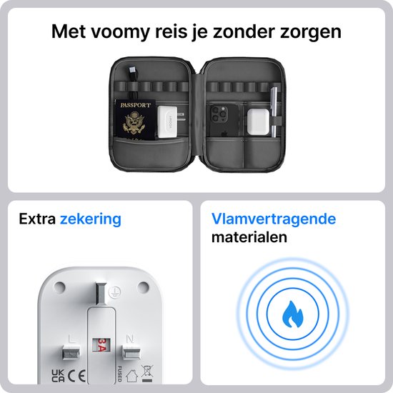 Wit reisadapter met een gesloten etui voor paspoort, telefoon en laders. Extra zekering en vlamvertragende materialen.