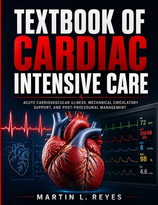 Leerboek 'Textbook of Cardiac Intensive Care' met een anatomisch hart, hartritme-grafiek en medische monitorgegevens.