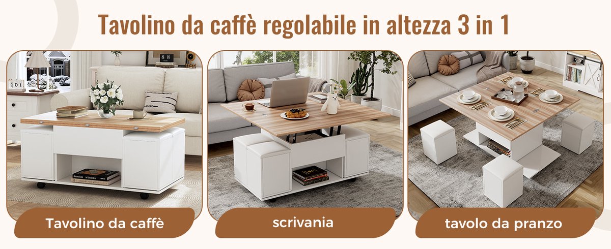 Wishdor - Salontafel - hoogteverstelbaar en opklapbaar - met opbergruimte, wielen en 4 hockers - modern woonkamer meubel - houtlook wit - 100 x 100 x 63,5 cm