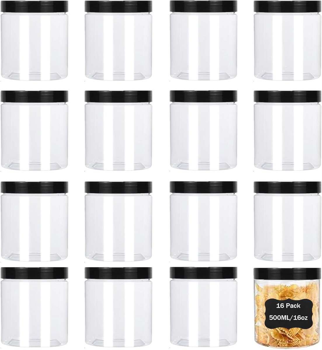 16 Stuks 500ml Plastic Potten met Zwarte Deksel en Stickers, Lege Doorzichtige Potten voor Voedselopslag, Slijm Maken en Specerijen Reizen
