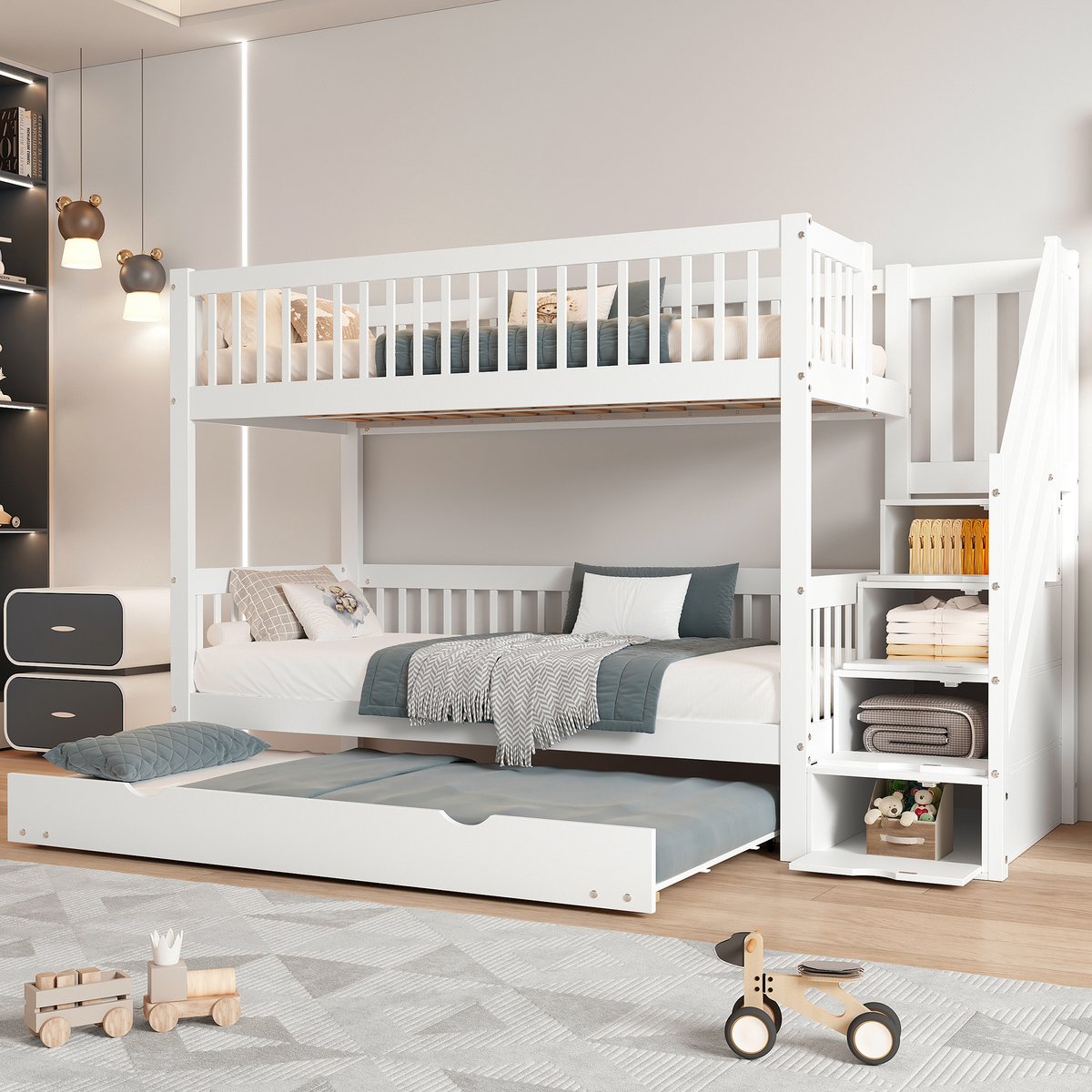 StapelBed 90 x 200 cm – met opbergtrap en uitschuifbed – wit – voor kinderkamer en tienerkamer – praktisch ruimtebesparend ontwerp