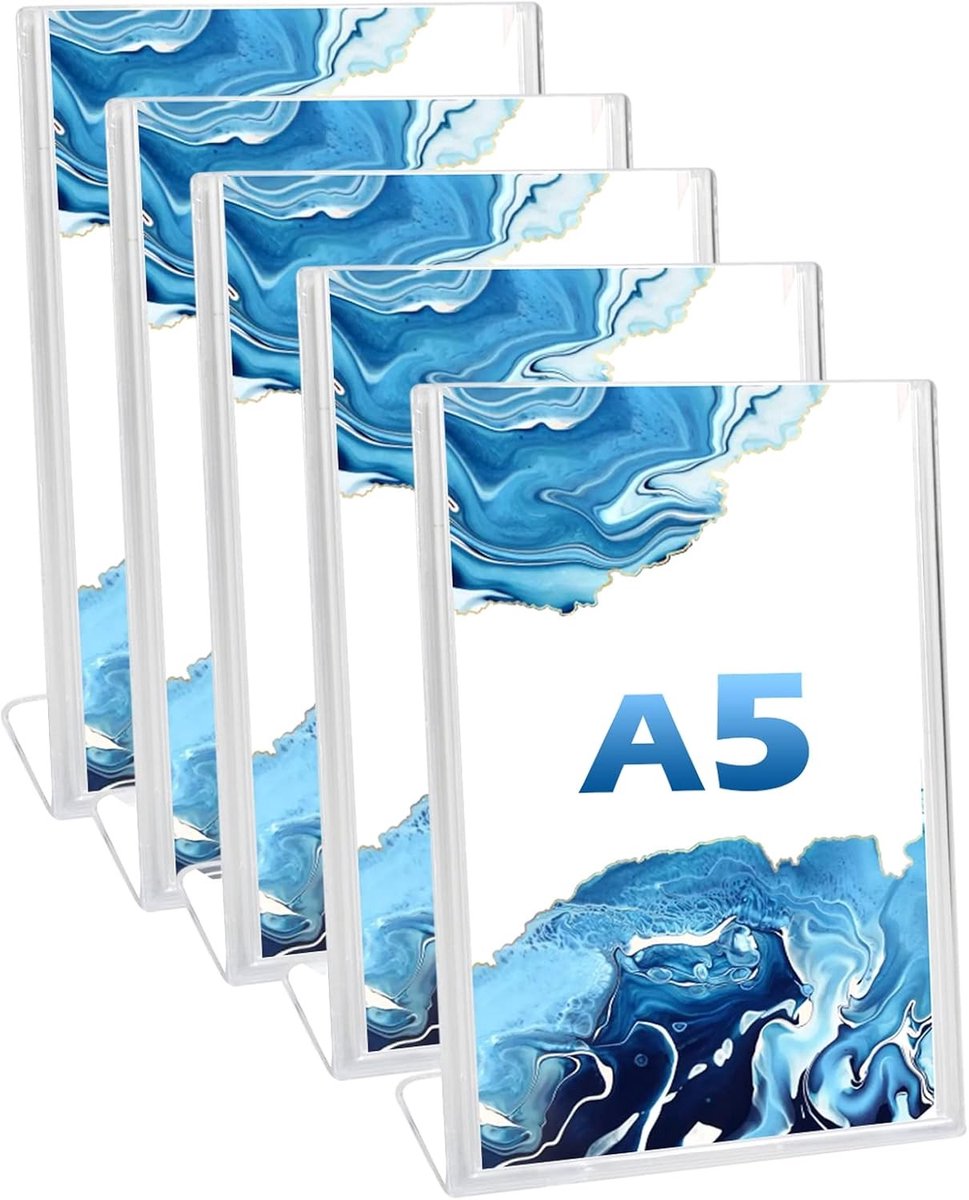 Set van 5 A5 Menuhouders L-vormig, Doorzichtige Plastic Menukaartstandaard met Schuin Achterkant, Ideaal voor Restaurants en Winkels, Menu Display en Papieren Presentatiehouder