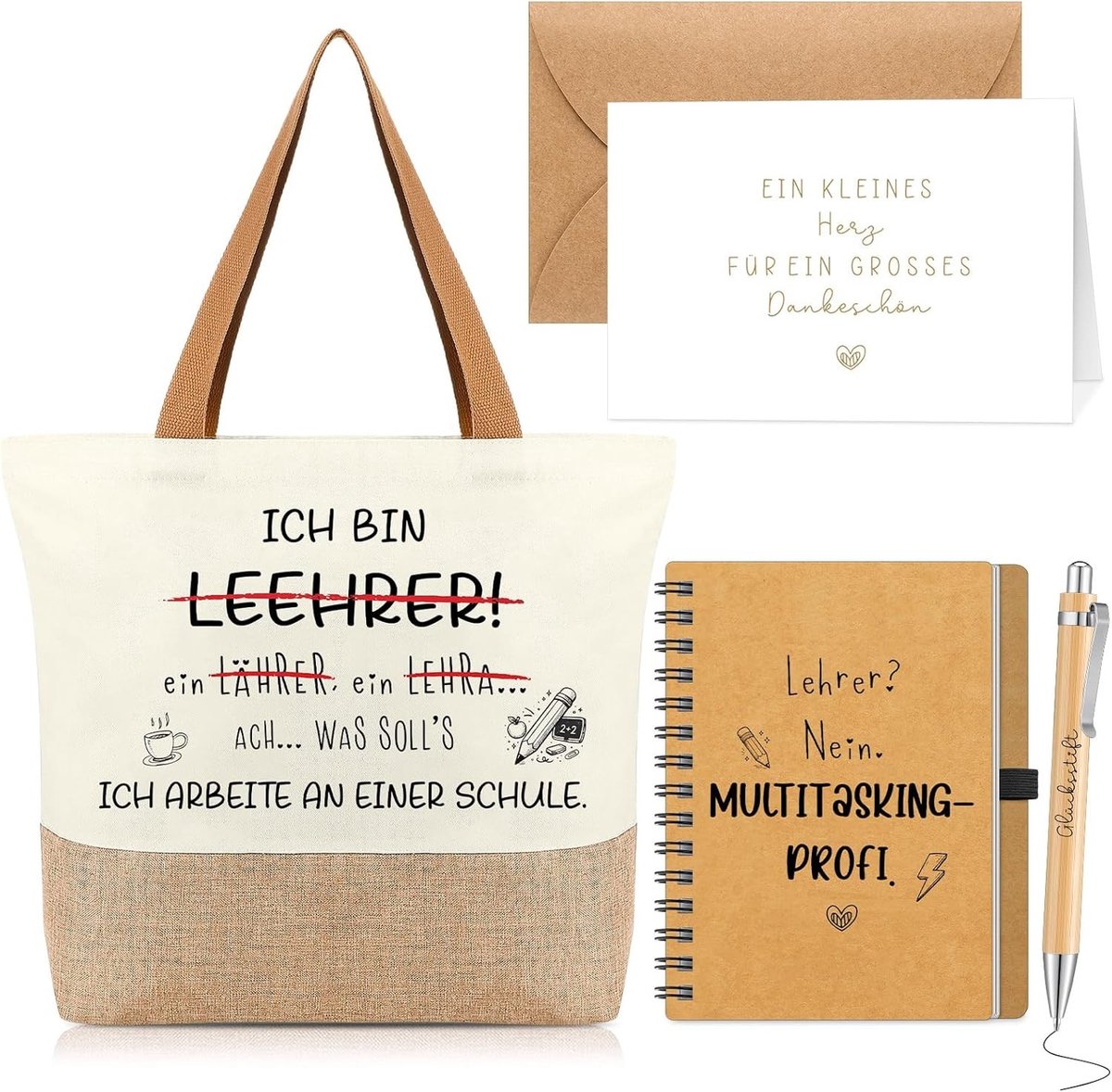 Bedankcadeautjes voor Leraren - Grappige Jute Boodschappentassen, Spiraalblok, Balpennen en Enveloppen voor Verjaardagen en Afscheid