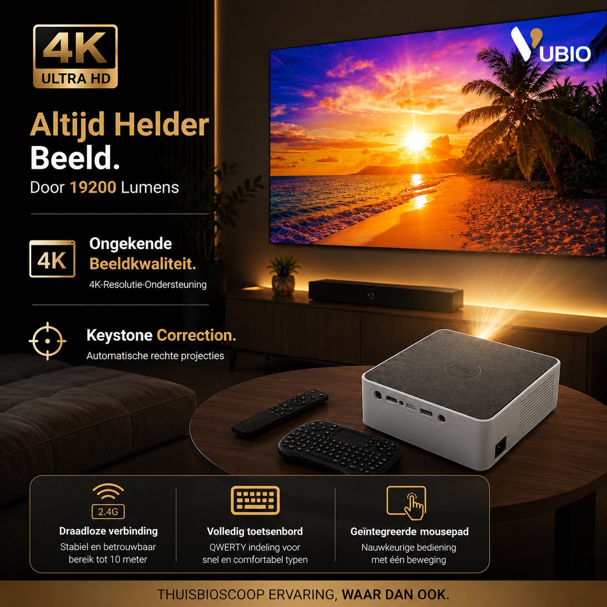 VUBIO Vortex Mini Beamer 4K | ANDROID | WIFI | AI Color Engine | 19200 Lumen | Max 300" | 3D Ready (Anaglyph) | Automatische Keystone | 2 Ingebouwde Speakers | LED Mini Projector – foto 7