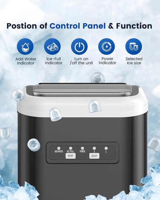 Emvae IJsblokjesmachine - IJsblokjes Maker - 12 kg per 24 uur - Zelfreinigend - Instelbare IJsmaat - LED - Zwart — afbeelding 3