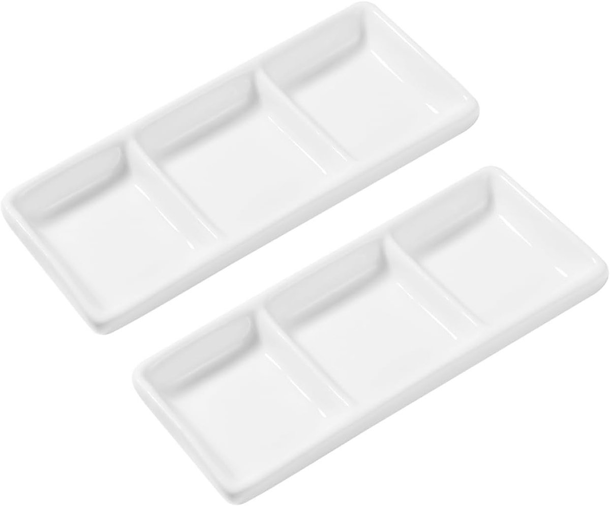 Set van 2 Stuks 6" Pure Witte Keramische Rectangular 3-Vaks Dinerkommen voor Sauzen en Specerijenschalen