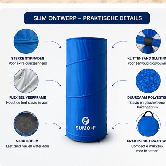 SUMOH® Pop-Up Omkleedtent - Mobiele Omkleedruimte, Draagbare Verkleedcabine, Privacytent, Strandkleedkamer en Paskamer - Opvouwbare Instant Changing Room voor Camping, Strand, Zwemmen, Sport, Festivals, Dans en Fotografie - 1 Persoon - Blauw van sumoh — afbeelding 5