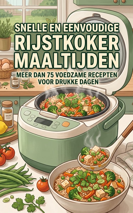 Groene rijstkoker met een volle pan rijst met groenten en een kom met een portie rijst.