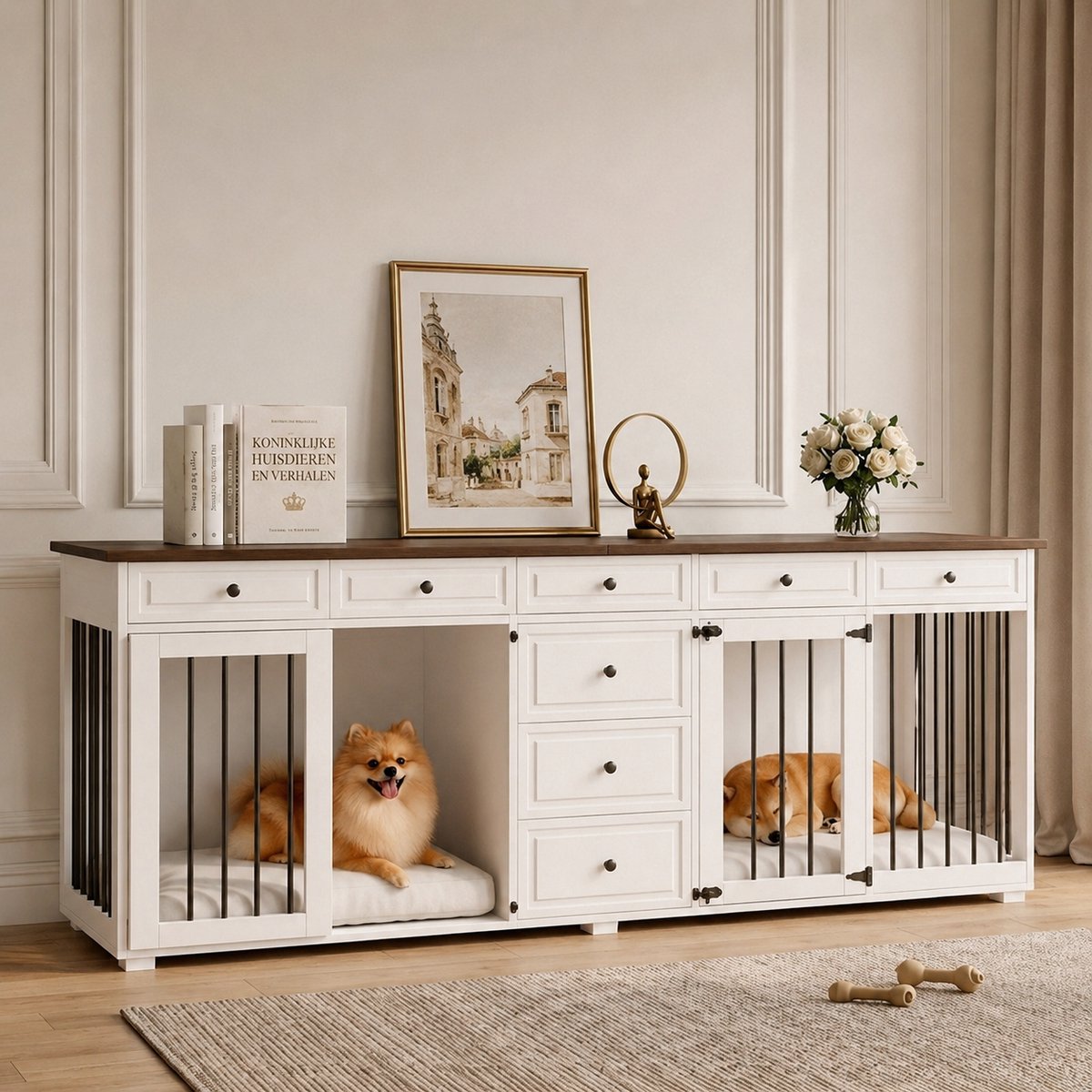 Hondenbench - Bench Hond - Bench Kast - Luxe Hondenkennel - Kamerkennel & Sidetable - Met veiligheidsslot - Met Opbergruimte - Met lades - Stevig en duurzaam - TV-meubel - 200x60x85 cm - Wit