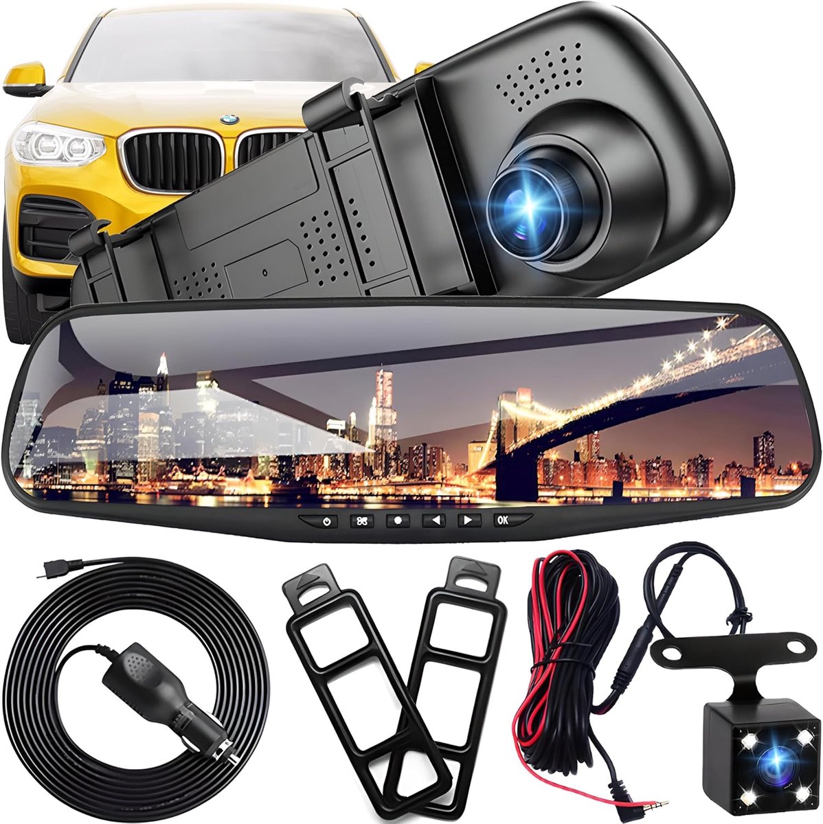 Full HD Autospiegeldashcam | Achteruitrijcamera | Nachtzicht | Loop-opname | 4,3-inch Display | 170° Voor | 120° Achter | 1080P | Dubbele Autocamera | Parkeermonitor | Achteruitrijmonitorsysteem