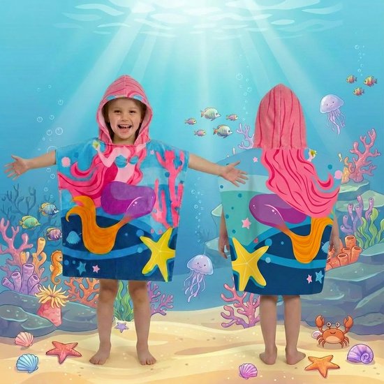 Badponcho - Poncho Handdoek - Zeemeermin - Zomer Badcape - Omslagdoek - Handdoek Met Capuchon - Strandhanddoek - Polyester - Meisje - Kinderen - Kinder - Peuter - Kleuter - Vanaf 3 jaar — afbeelding 4