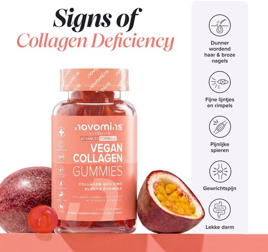 Fles Novomins veganistische collageen gummies naast hele en halve passievruchten. "Tekenen van collageentekort".