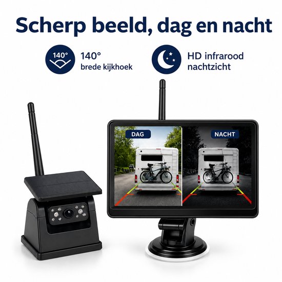 Dubbele Draadloze Magnetische Achteruitrijcamera met 7.2 Inch Display - Solar - Nachtzicht - Voor Camper, Caravan, Paardentrailer, Racetrailer en Aanhanger — afbeelding 2