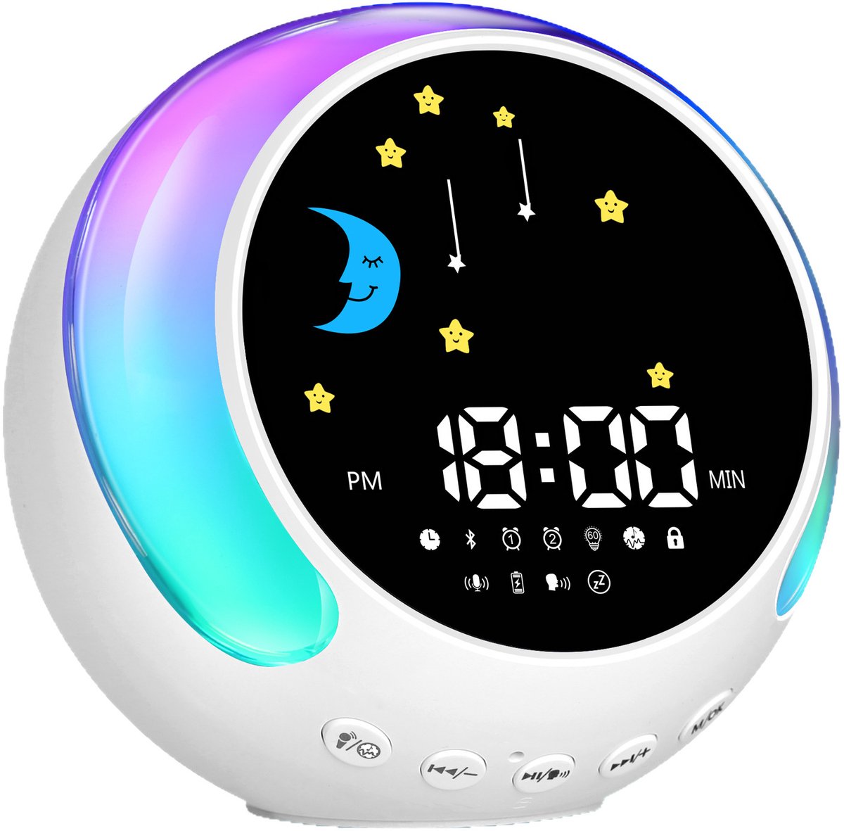 Educatieve Dag/Nachtwekker voor Kinderen | Bluetooth-wekker | Snooze-functie | Witte Ruis | Verlichte Wekker | 5 Helderheidsniveaus | 11 Kleuren | Nachtlampje | Luidspreker | Kinderen