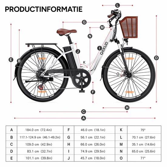 Qekud 26-B1 Elektrische Citybike – 250W Motor, 36V 13,5Ah Accu 7-versn. Shimano, Schijfremmen, LCD, Verlichting – Wit — afbeelding 4