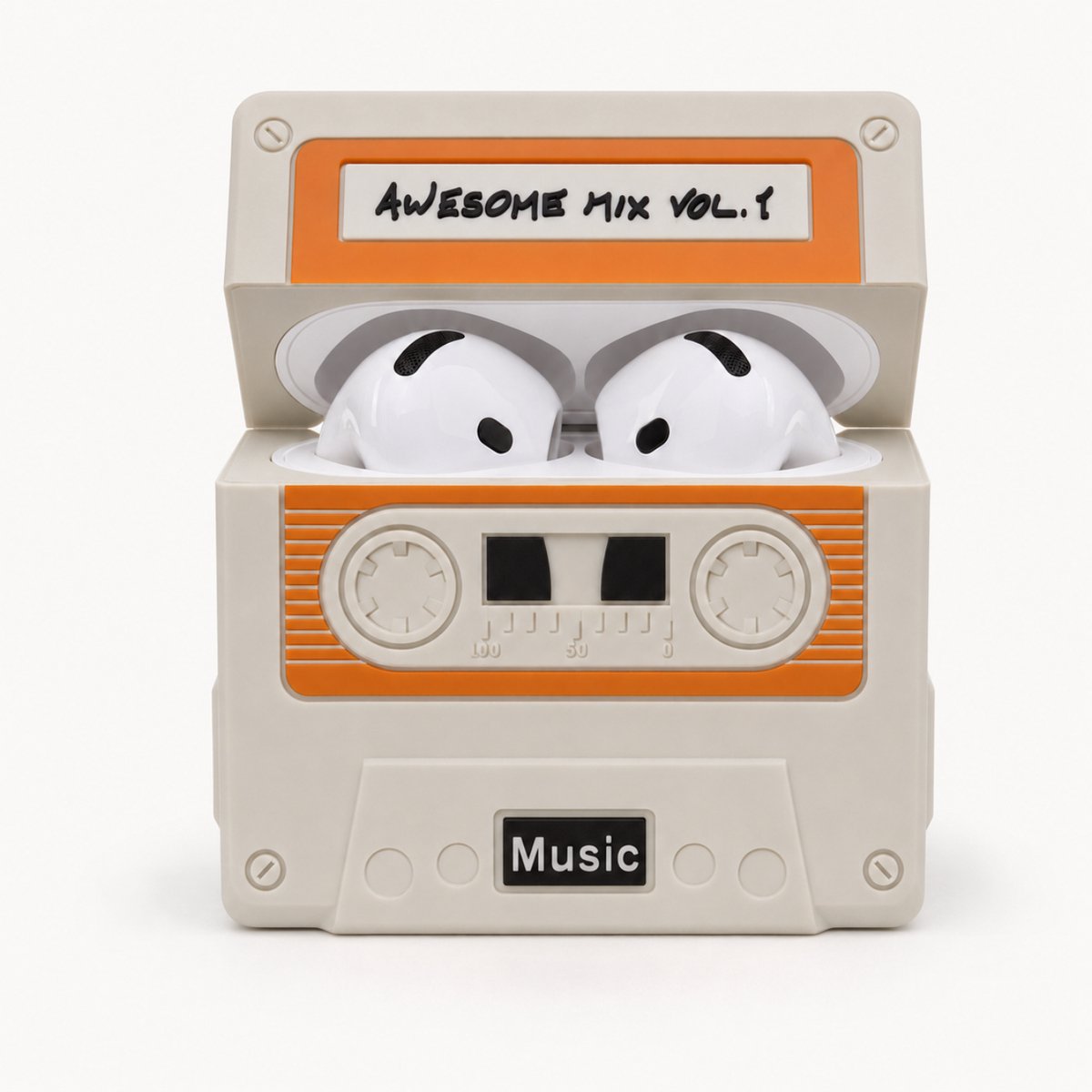 Enluxe Case geschikt voor Airpods 4 - Retro Cassettebandje Wit Oranje - Siliconen 3D Hoesje met Karabijnhaak Hoesje