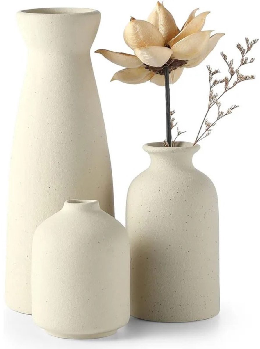 Noventra - Keramische Vazenset - Set van 3 - Beige Vazen - Moderne Woondecoratie - Japandi - Scandinavisch Design - Minimalistische Decoratie - Geschikt voor Droogbloemen en Verse Bloemen