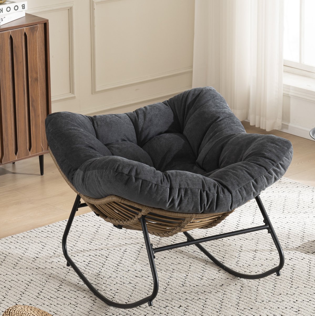 MIVRAY Schommelstoel 107 x 95 x 83 cm - Ergonomische Loungestoel Met Metalen Frame - Voor Woonkamer En Slaapkamer - Chenille Zwart
