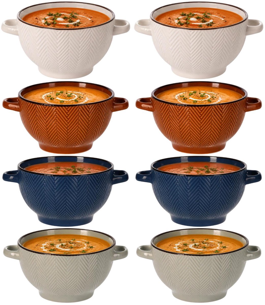 Siaki Soepkommen set fishbone - 8x - 4 kleuren - keramiek - 680 ml - met oor