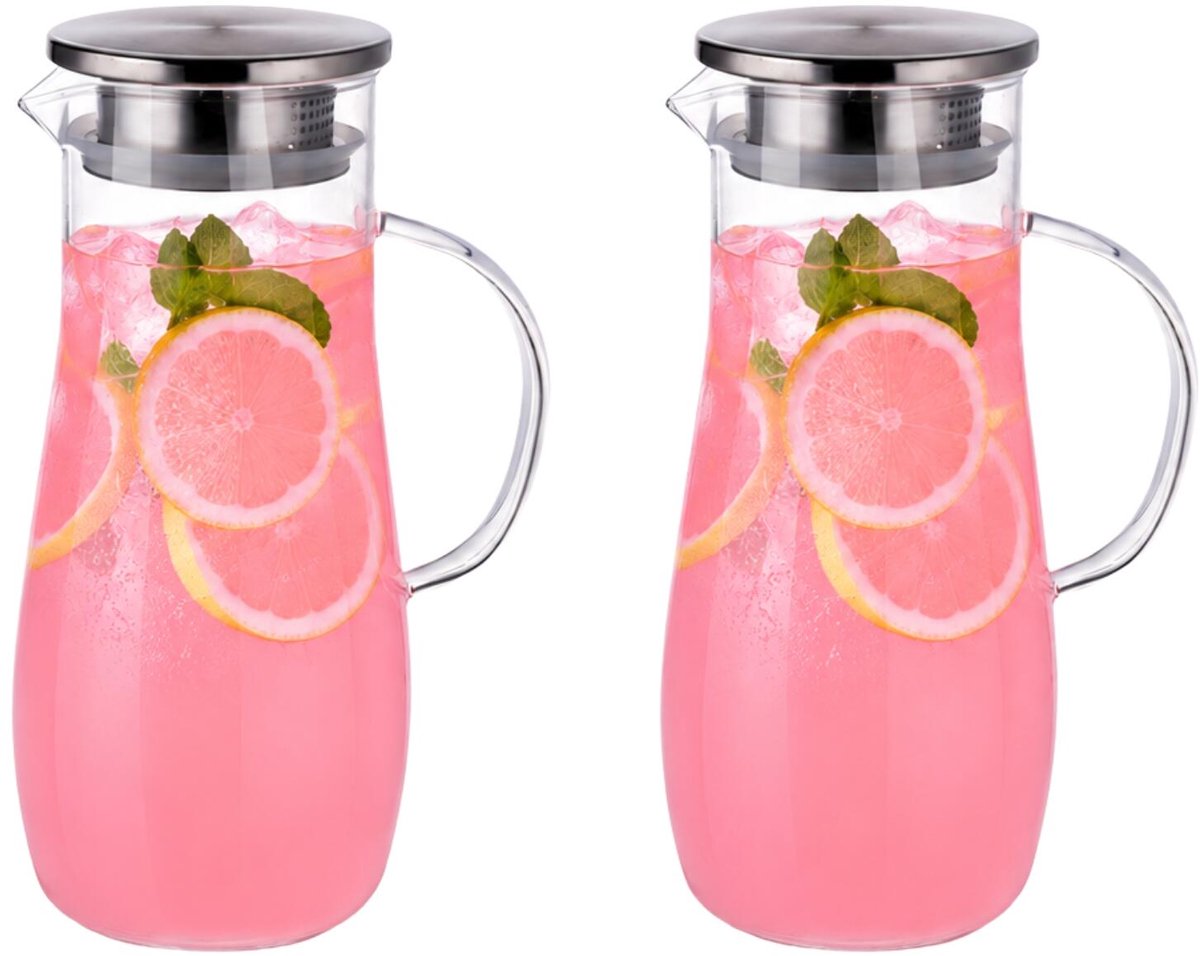 5Five Karaf - 2x - transparant - 1,4L - met handvat - glas - schenkkan/waterkan - incl filter