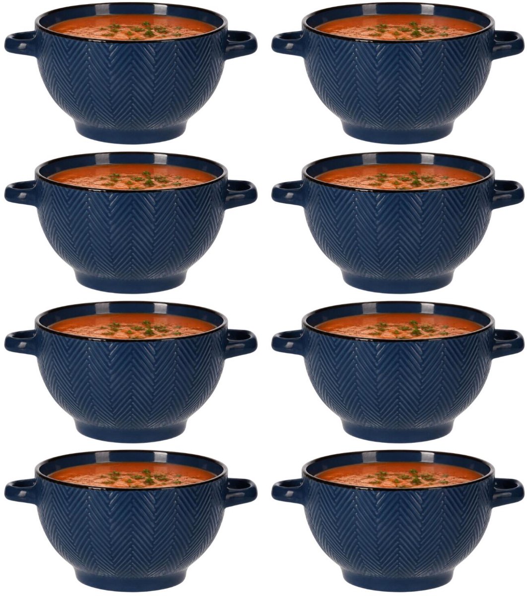 Siaki Soepkom Fishbone - 8x - met oor blauw - 14 x 18 x 8 cm - keramiek - kommetjes/schaaltjes - 680 ml