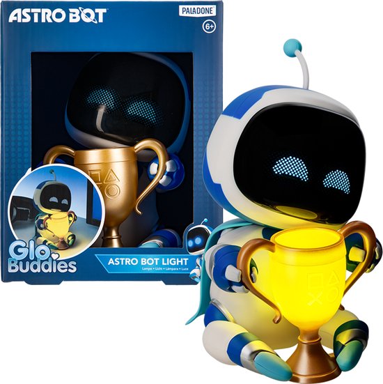 Astro Bot light in verpakking, zittend met gouden trofee, oplichtende ogen, "GloBuddies"