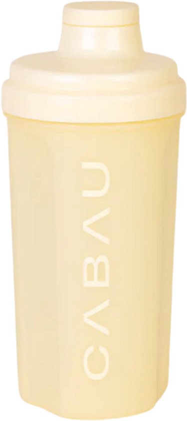 Lichtgele shaker van Cabau met opdruk.