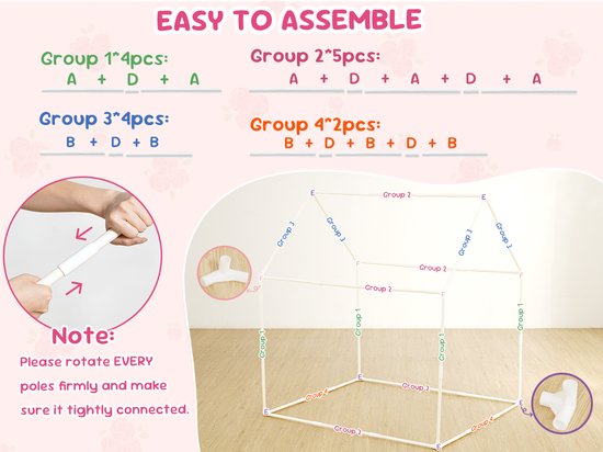 YEERSWAG Prinsessen Speeltent voor Kinderen - Roze Speelhuis met LED Sterrenverlichting, Speelmat en Opbergtas - Binnen & Buiten - 128 x 118 x 102 cm — afbeelding 3