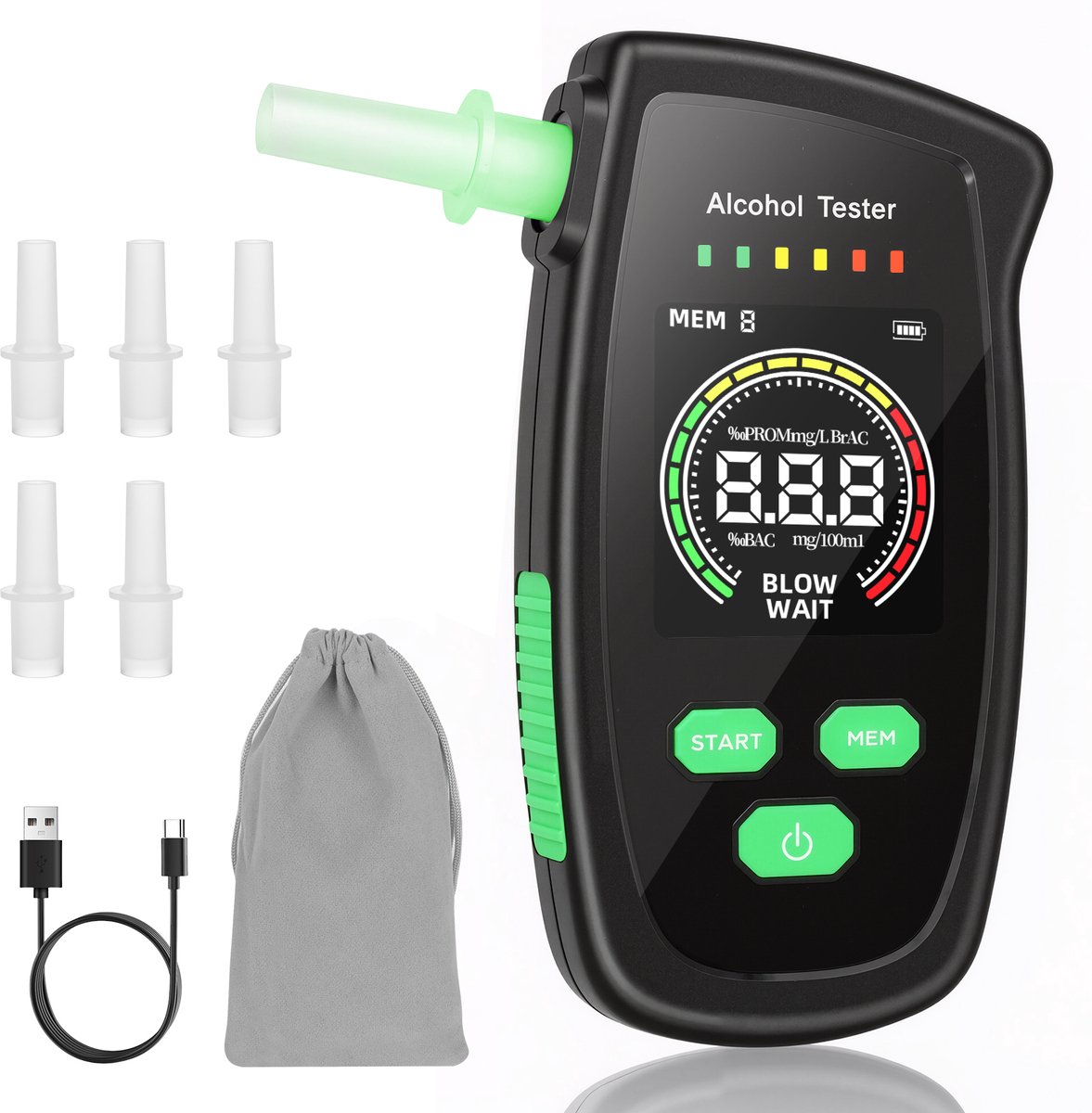 Digitale Alcoholtester - Alcoholmeter voor Auto & Veilig Rijden - Hoge Precisie Blaastest met Digitaal Display - Inclusief 5 Mondstukken - Draagbare Alcoholtest voor Persoonlijk Gebruik - Zwart