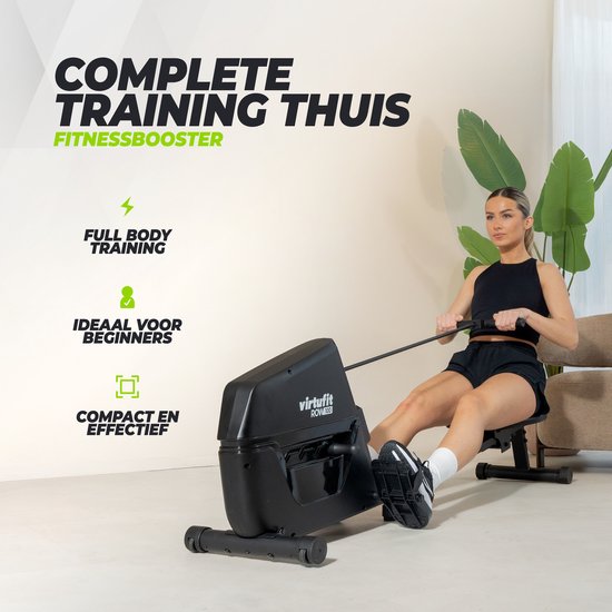 Vrouw traint op zwarte VirtuFit ROW100 roeitrainer. Volledige lichaamstraining, ideaal voor beginners.
