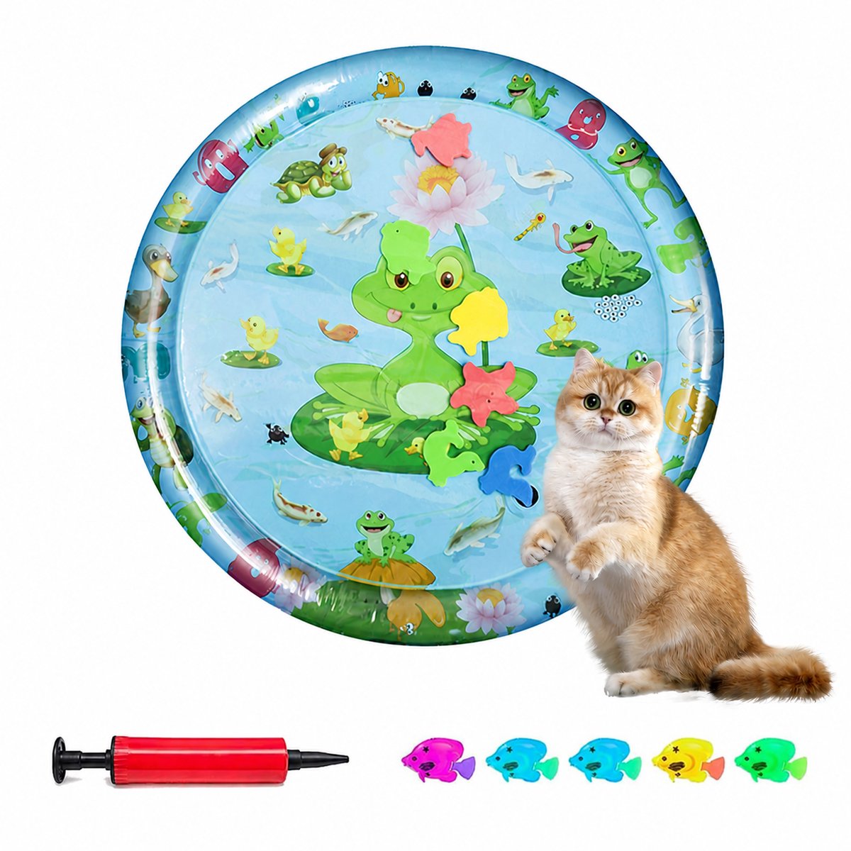Water Speelmat Voor Kat En Hond Met Pomp - Opblaasbare Koelmat Met Water Sensor En Vis Motief - Duurzame PVC Katten Speelmat 65x65 cm - Interactieve Watermat Voor Huisdieren Voor Spelen Koelen En Sensorisch Vermaak