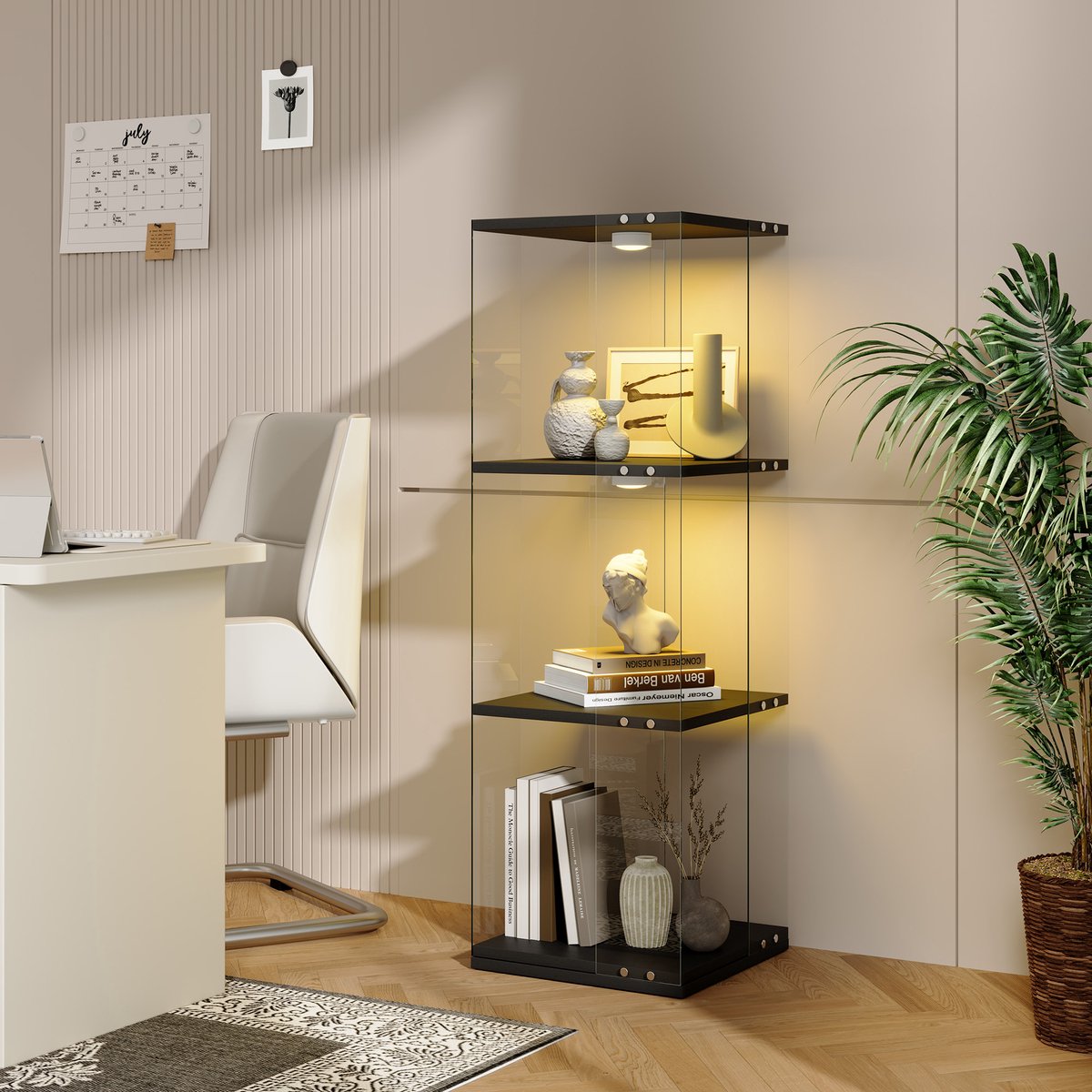 360° draaibare glazen vitrinekast met LED-verlichting, 2/3/4 planken, glazen kast, displaykast, vitrine, open glazen wand. Modern displayrek voor de woonkamer.