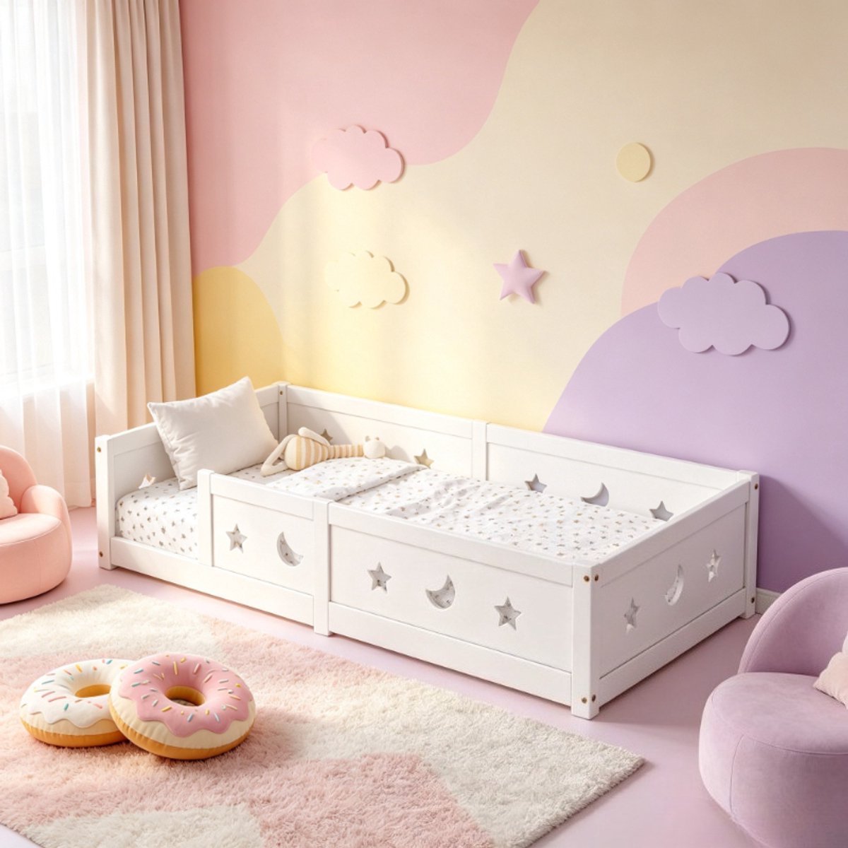 Kinderbed 140x200 cm, vloerbed voor kinderen met veiligheidshek, 2 persoons kinderbed van grenenhout met sterren en maan patroon, wit kinderbed zonder matras