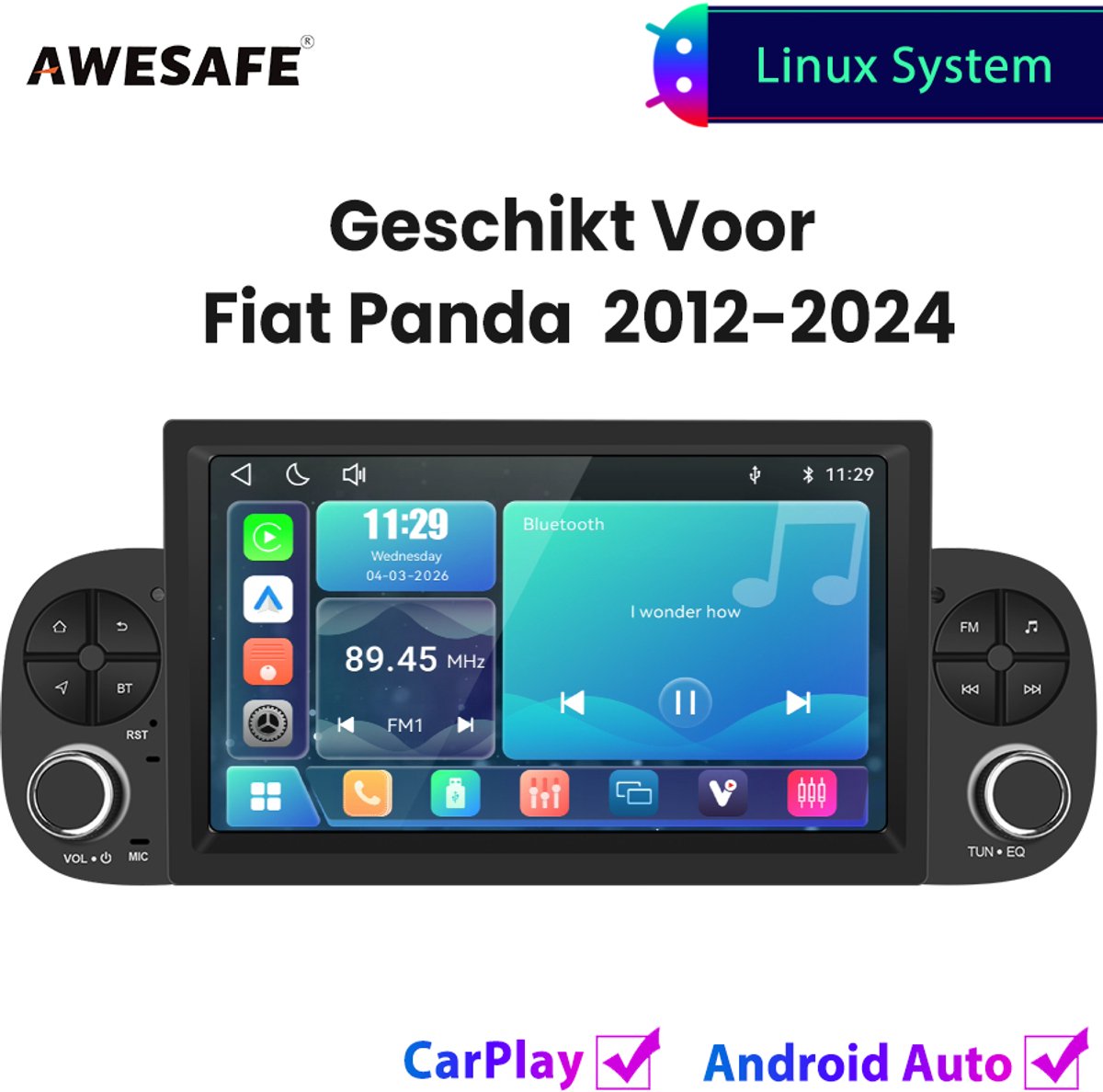 Awesafe Autoradio - Geschikt Voor Fiat Panda 2012 t/m 2024 - Draadloos Carplay Android Auto - Linux systeem - 7 Inch Touchscreen - FM Radio Bluetooth EQ SWC Wifi Airplay - 2013 2014 2015 2016 2017 2018 2019 2020 2021 2022 2023