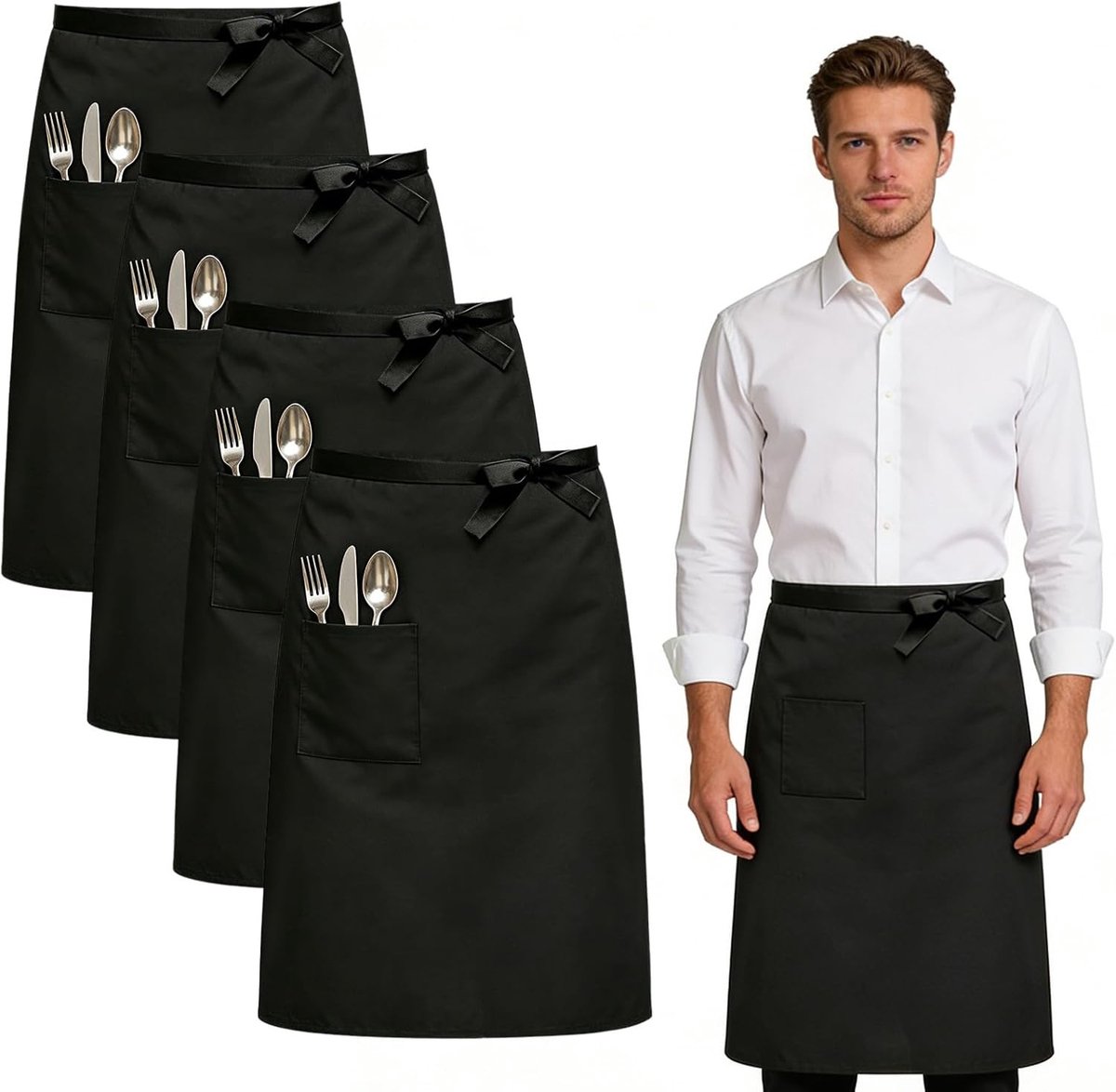 Verstelbaar voorbinder schort met zak, 4 stuks, 68 x 70 cm, ideaal als kookschort, serveerschort en taille schort voor keuken en restaurantgebruik