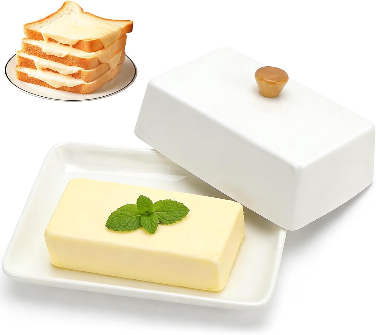 Keramische botervloot voor 250 g boter met deksel, vaatwasmachinebestendig, ideaal voor koelkast en tafel, wit porselein met elegant design