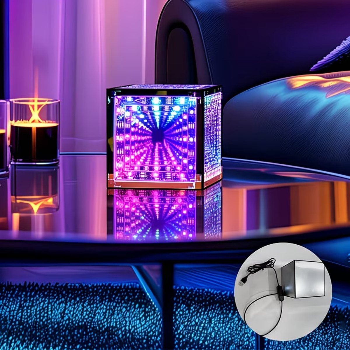Lzwintrading - LED Tafellamp - Nachtlamp - Infinity Hyper Cube LED Licht - Bureaulamp -Dimbaar Sfeerlicht - 3D Nachtlampjes voor Slaapkamer - Infinity Spiegel Tunnel Nachtlampje - Multicolor - Oplaadbaar USB - Bedlampje