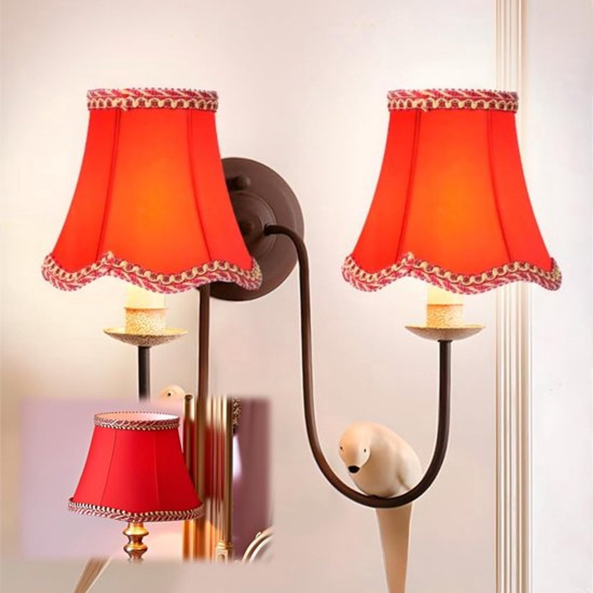 3 stuks E14 stoffen lampenkap, rode moderne klemlampenkap met gouden kantversiering voor thuis, wandlampen, staande lampen, kroonluchters en woondecoratie
