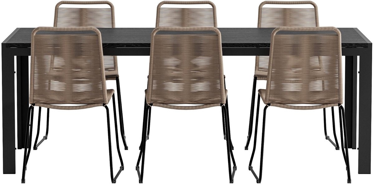 Mirko tuinmeubelset tafel 90x200cm zwart 6 stoelen bruin.
