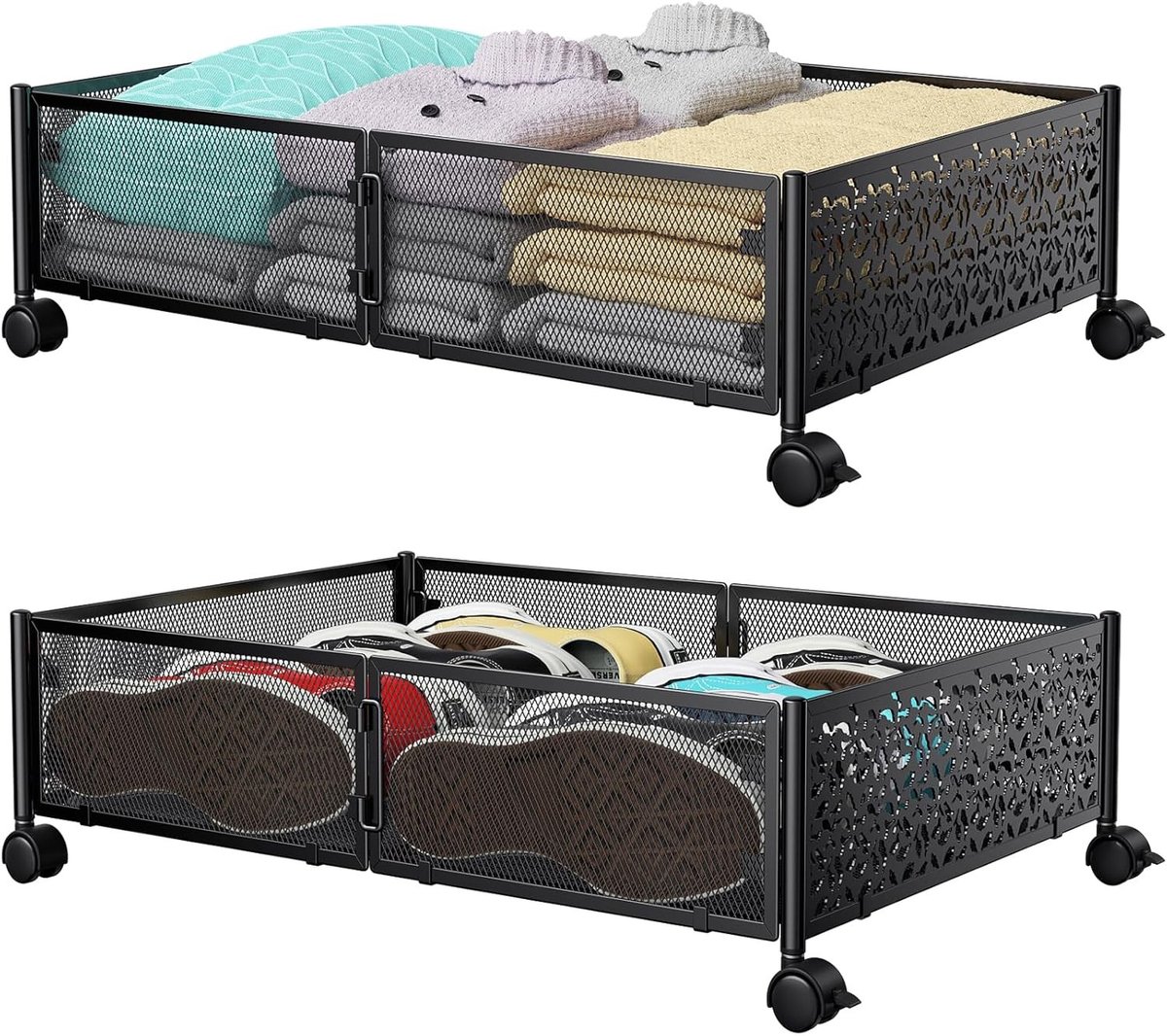 Opbergcontainers voor onder het bed - Metalen - 360° draaibare wielen - Opvouwbaar ontwerp - Voor seizoensgebonden opslag
